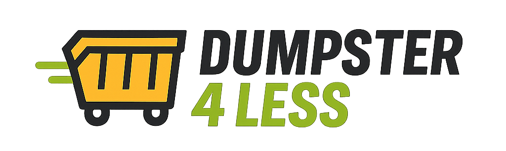 Dumpster 4 Less logo with yellow shopping cart and green text